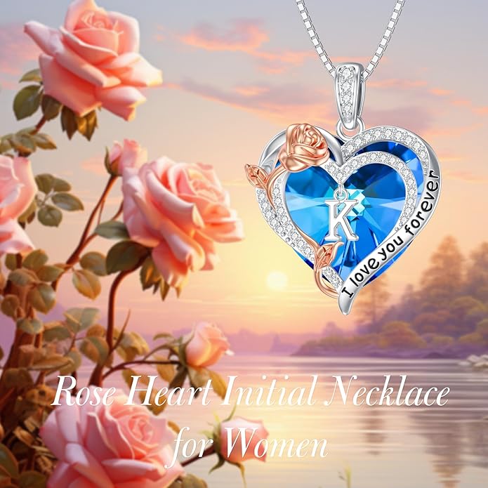 PELOVNY Rose Heart Initial Necklaces for Women S925 Sterling Silver Alphabet Letter Crystal Necklace Initial Pendant Jewelry Gifts for Mom Daughter Wife