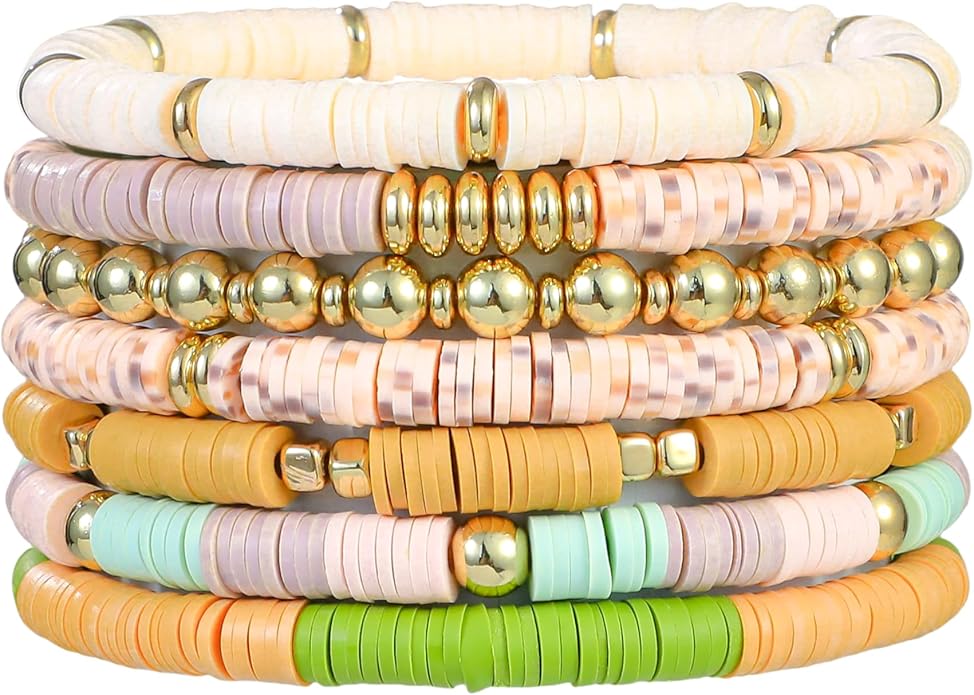 Heishi Beaded Stretch Bracelets for Women Stackable Polymer Clay Beads Bracelets Friendship Boho Summer Beach Bracelet Jewelry Set