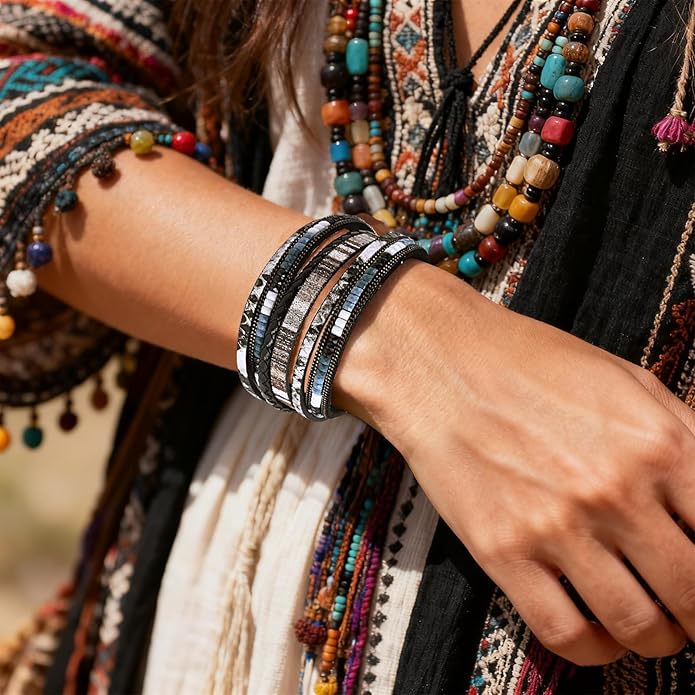 Wrapped Bracelets for Women,Leather Bracelet,Boho Bracelets for Women,Multi-Layer Pearl Crystal Bracelet Bangle Jewelry