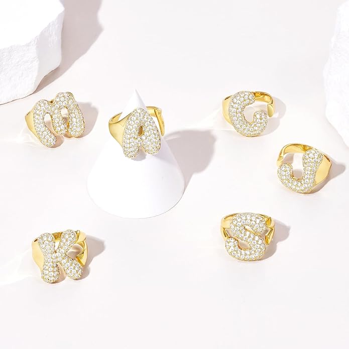 KissYan Bubble Initial Ring Valentines Day Gifts for Women, 14k Gold Plate Balloon Jumbo Letter Rings Open Adjustable Dainty Pave CZ Personalized Fashion Trendy Statement Jewelry