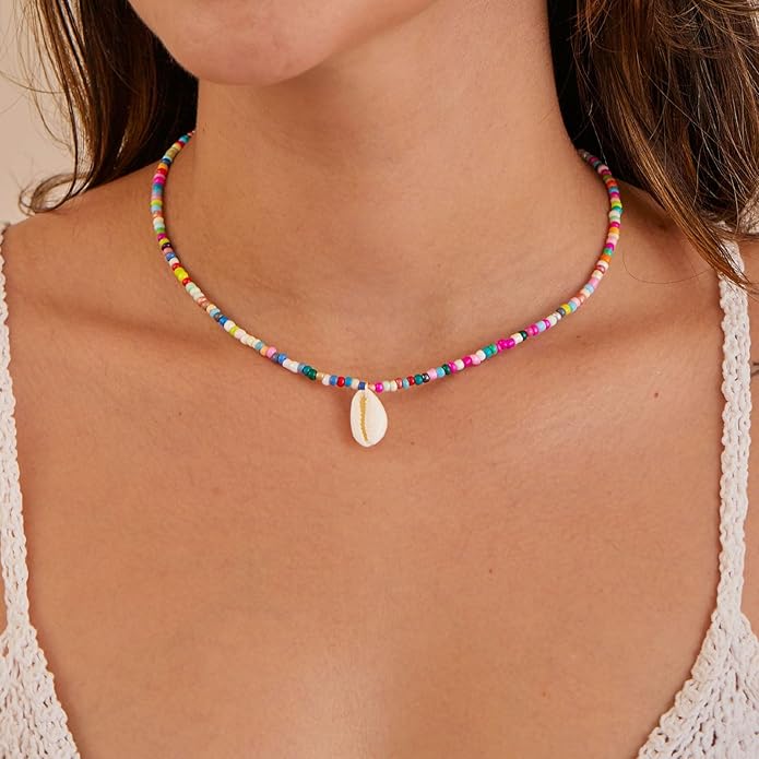 VRIUA Colorful Beaded Necklaces for Women – Summer Beach Boho Starfish, Conch, Shell, Pearl, Palm tree Pendant Necklace Jewelry