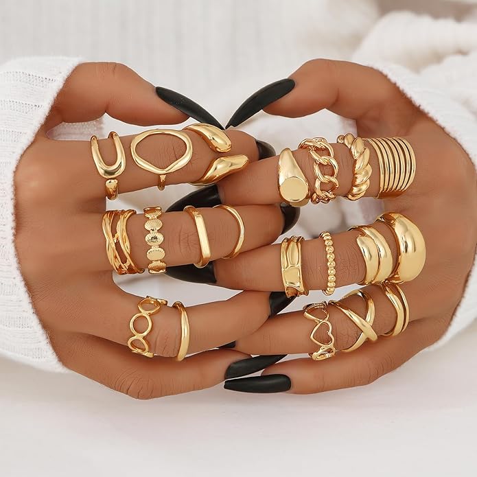 KISS WIFE Goldenen Silvery Black Kunckle Rings Set for Women, Dainty Simple Trendy Cute Stackable Finger Rings Pack, Perfect for Stacking Layering on Thumb and Knuckle, Mixed Size, Jewelry Gift