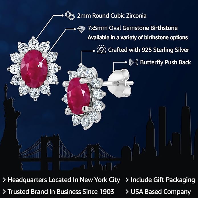 Gem Stone King 7X5MM Oval Gemstone Birthstone Stud Earrings For Women | Princess Diana Royal Halo Style | 925 Sterling Silver | Fine Jewelry Gifts for Anniversary Wedding Her Mom Women Wife