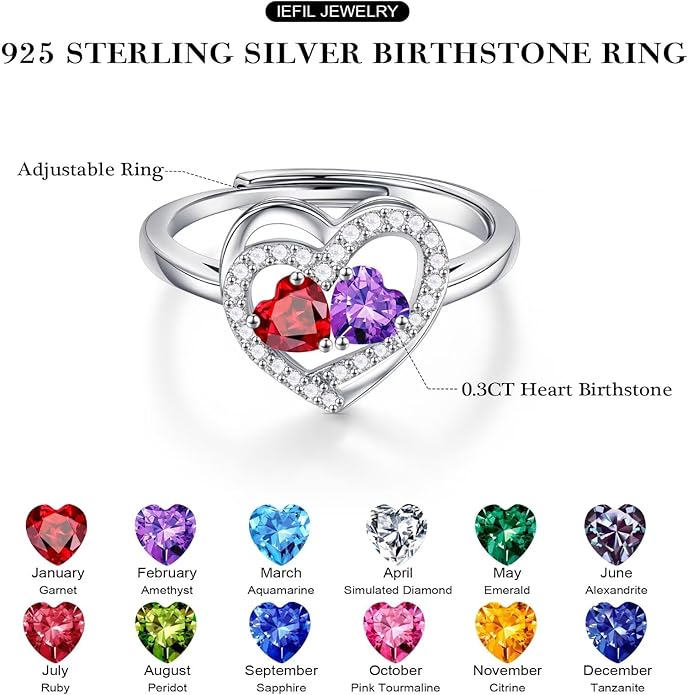 Iefil Adjustable Ring for Women - 925 Sterling Silver Double Birthstone Rings, Anniversary Birthday Gifts for Women Wife Her
