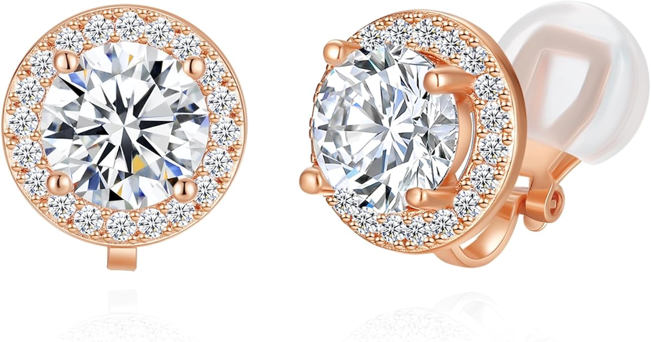YOQUCOL 8MM Cubic Zirconia Crystal Clip On Stud Earrings Round Non Pierced Earrings for Women