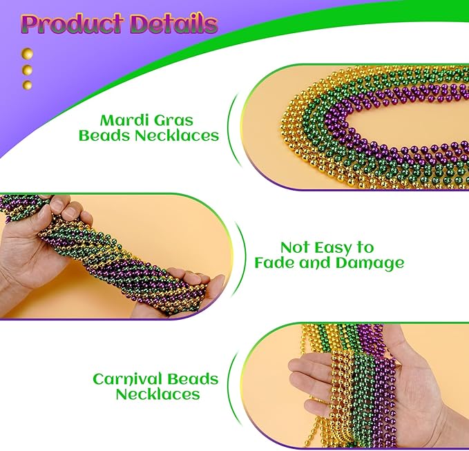 102 PCS Mardi Gras Beads, 33'' Metallic Gold Green Purple Mardi Gras Beads Necklaces Mardi Gras Necklaces Accessories Bulk Carnival Bead Necklace for Mardi Gras Parade Throws Party Decorations Favors