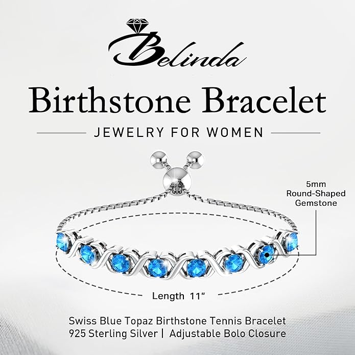Birthstone Bangle Bracelet for Women Classic Beautiful 925 Sterling Silver Sparkling Gemstone XO Bolo Tennis Bracelet Fine Wrist Jewelry 4.2 Ct, 11"