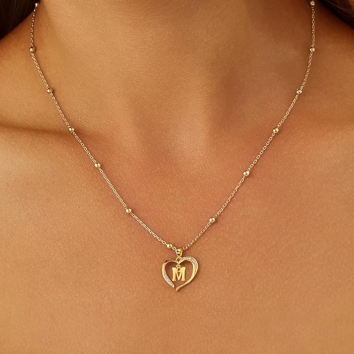 Cicy Bell Womens Heart Initial Necklace for Women 18k Gold Plated Shell Personalized Letter Pendant Necklace 17.7'' with 2'' Extender
