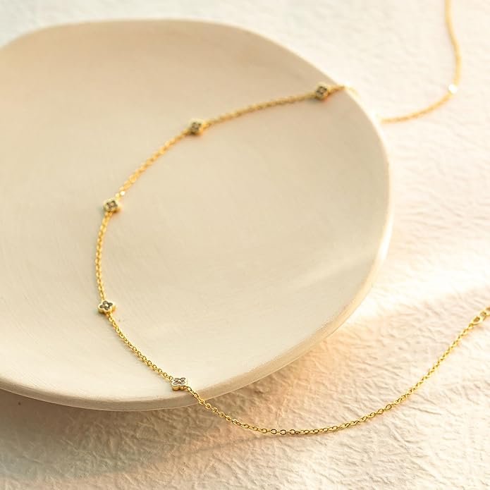 VRIUA Necklaces for Women - 14K Gold/Silver Plated Dainty Chain Necklace with Five Charms: Diamond, Bow, Snowflake, Cross, Flower, Clover, Butterfly, Heart, Star of David, and Star Trendy Jewelry