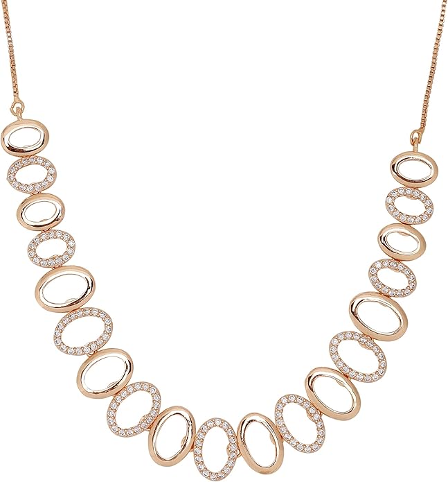 Nilu's Collection American Diamond Stone Studded | Rose Gold/Silver Plated | Anti Tarnish Jewellery Set for Women | Matching Earrings Perfect for Weddings and Special Occasions