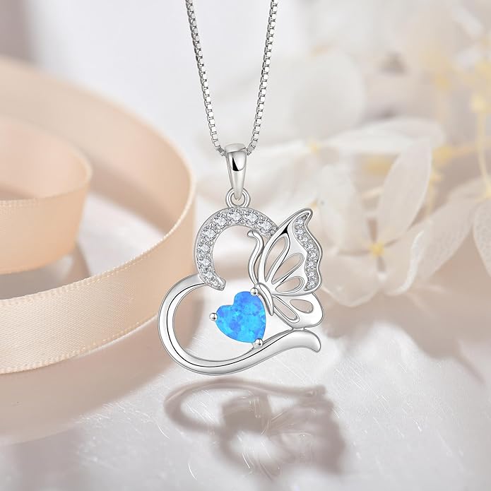 Butterfly Necklace for Women 925 Sterling Silver Heart Pendant Birthstones Jewelry Gift