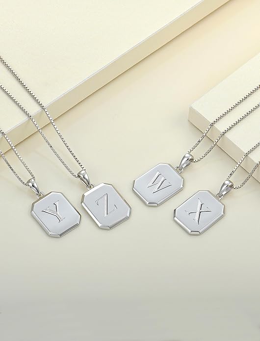 YL Initial Necklace 925 Sterling Silver Square/Round/Heart Letter Pendant A-Z Alphabet Polished Jewelry for Women