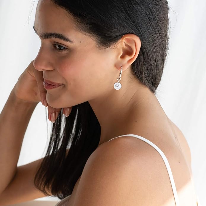 MyNameNecklace Personalized Odeion Initial Round Disc Shape Charm Hoop Earrings in Sterling Silver 925/ Gold Plating- Classic Delicate Jewelry Gift