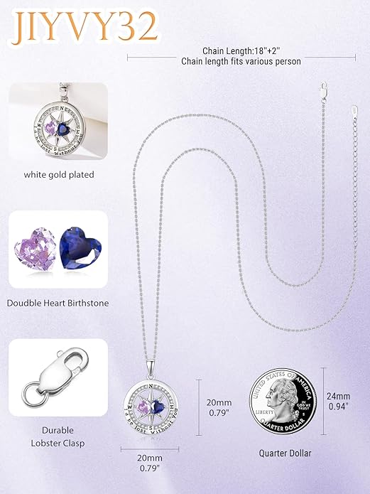 Compass Necklace for Women, Exquisite S925 Valentines Day Anniversary Birthday Gifts for Wife Her Double Birthstone Pendant Jewelry ‘I'd be Lost Without You’