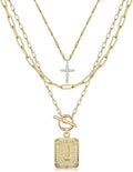 MJartoria Layered Initial Necklaces for Women Trendy, 14K Gold Plated Brass Simple Dainty Cross Choker Square Letter Pendant Necklace, Paperclip Chain Necklaces Jewelry