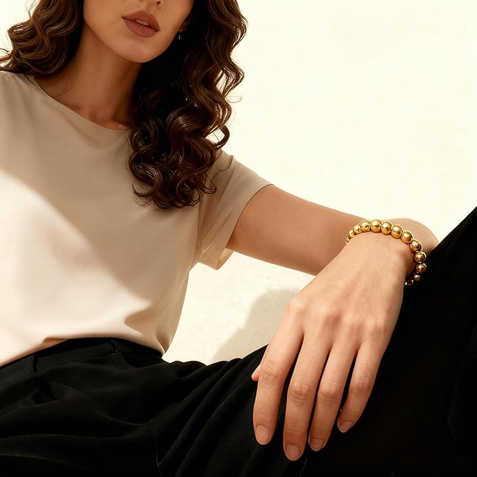 6 PCS Stackable Gold Bead Bracelet for Women | Stretch Elastic 14K Gold Plated Bohemian Sphere Beads | Hypoallergenic
