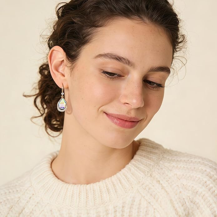 Austrian Crystal Halo Teardrop Hollow Drop Dangle Earrings for Women 14K Rose Gold Plated Hypoallergenic Jewelry Gifts