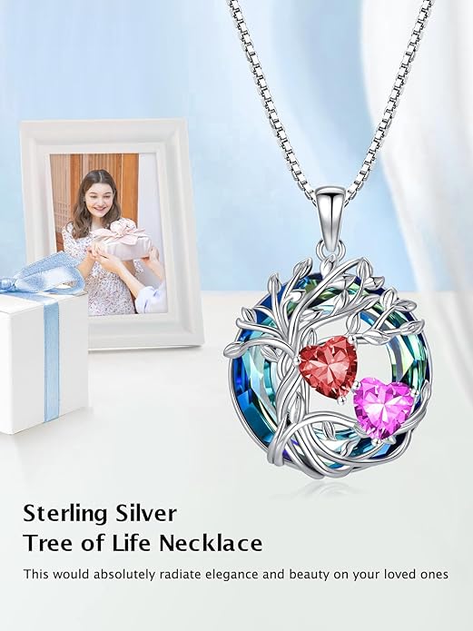 TOUPOP s925 Sterling Silver Family Celtic Tree of Life Pendant Necklaces with 2 Heart Birthstone with Blue Austrian Crystal Jewelry Birthday Valentines Day Gifts for Her, Anniversary Christmas Gifts for Wife Girlfriend Mom (18K Real White Gold Filled)