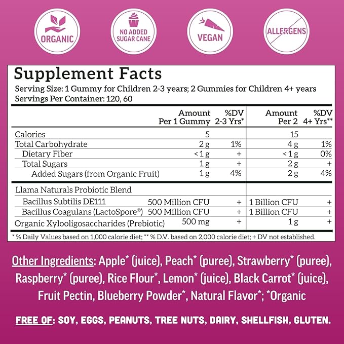 Llama Naturals Kids Probiotic with Prebiotic Fiber, Vegan, Organic Prebiotics and Probiotics Gummies for Gut Health Support, Toddler Real Fruit Gummy Vitamins, No Added Sugar Cane, Mixed Berry, 120 Ct