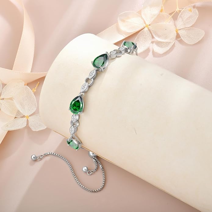 Teardrop Birthstone Bracelet for Women, S925 Sterling Silver Pear Cut Cubic Zirconia Bracelet Dainty Adjustable Chain Jewelry Gift for Her