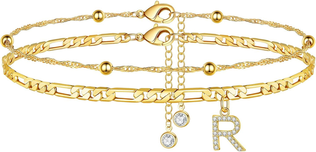 Ursteel Ankle Bracelets for Women, 14K Gold Plated Dainty Layered Chain CZ Initial Anklets Summer Jewelry Gifts for Women