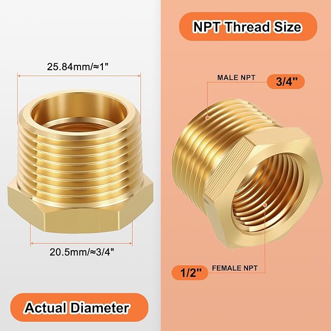 2 Pack Male to FeMale Adapter, 3/4" NTP Male x 1/2" NTP Female Threaded Brass - Image 2