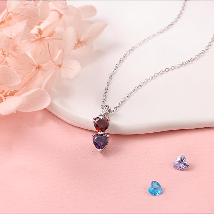 PaulaMax Jewelry Custom Birthstone Necklace for Women in 925 Sterling Silver, Mother's Day Necklace with 1 2 3 4 Heart Birthstones, Personalized and Customized Sterling Silver Chain 18" + 2"
