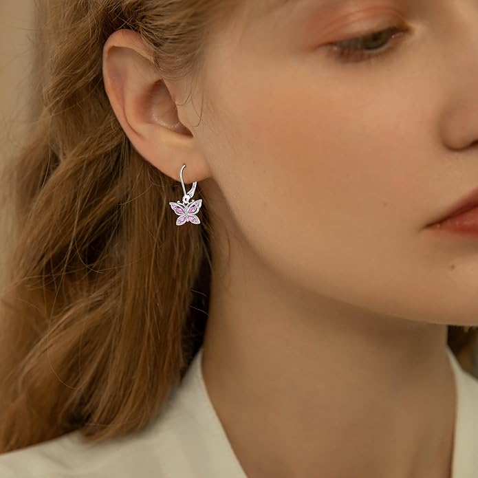 Women's Butterfly Leverback Dangle Earrings 925 Sterling Silver 5A Cubic Zirconia Jewelry for Valentine Mother's Day Birthday Gifts for Her
