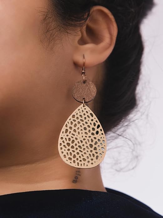 MINACHI Bohemian Hollow Cut-Out Wood Leather Dangle Drop Earrings, Boho Chic Hippie Statement Jewelry Gift for Women