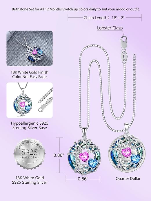 TOUPOP s925 Sterling Silver Family Celtic Tree of Life Pendant Necklaces with 2 Heart Birthstone with Blue Austrian Crystal Jewelry Birthday Valentines Day Gifts for Her, Anniversary Christmas Gifts for Wife Girlfriend Mom (18K Real White Gold Filled)