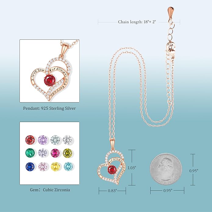Birthday Gifts Double Heart Birthstone Necklace for Women, S925 Sterling Silver Pendant Necklace Jewelry for Her Mother Mom Wife Girlfriend