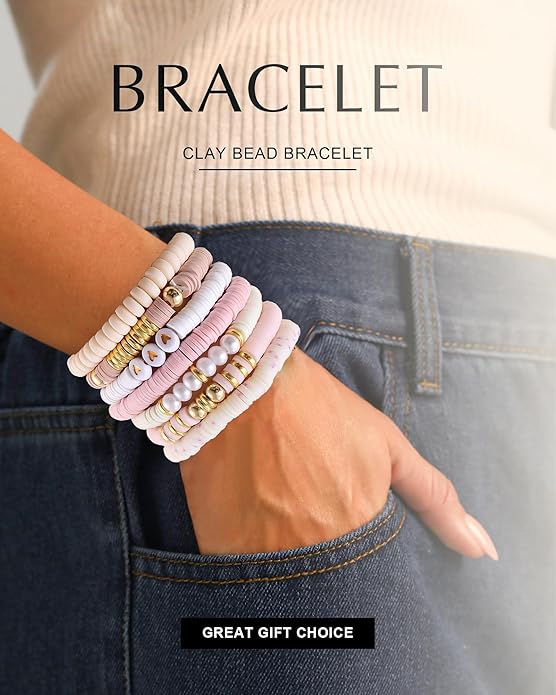 Friendship Bracelets Trendy Heishi Clay Bead Bracelets Stack Gold Beaded Stretch Bracelets for Women Boho Stackable Bracelets Bulk Cute Preppy Jewelry