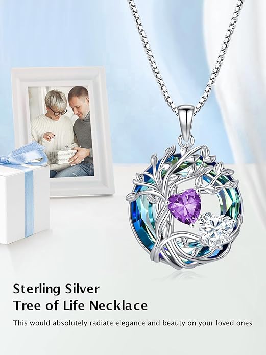 TOUPOP s925 Sterling Silver Family Celtic Tree of Life Pendant Necklaces with 2 Heart Birthstone with Blue Austrian Crystal Jewelry Birthday Valentines Day Gifts for Her, Anniversary Christmas Gifts for Wife Girlfriend Mom (18K Real White Gold Filled)