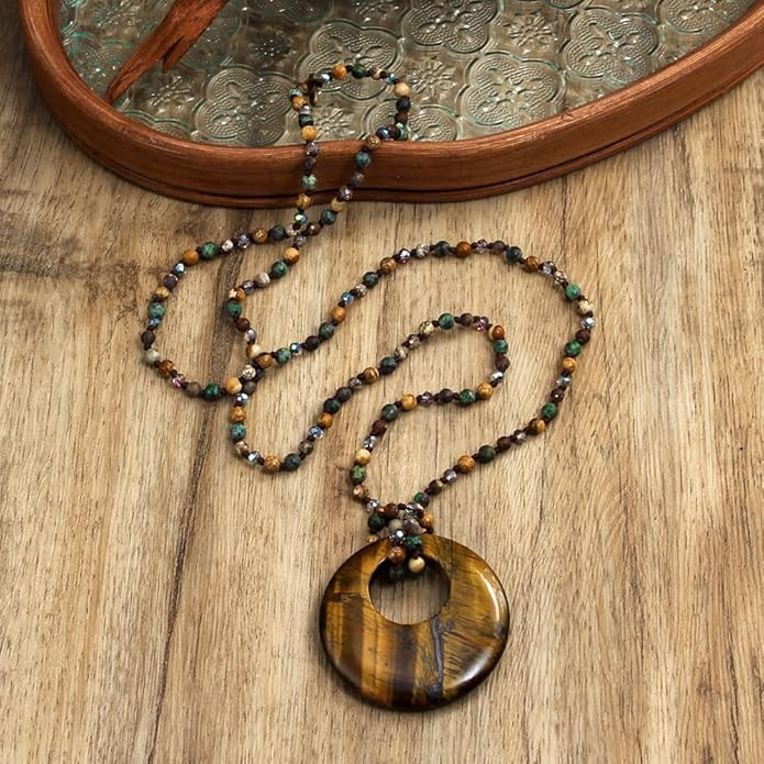 Yomisa Boho Necklaces for Women Men Long,33/34/35 Inch Natural Turquoise Tiger Eye Beaded Stone Pendant Necklaces for Women Trendy,Handmade Bohemian Western Bead Necklace Fashion Charm Jewelry Gift