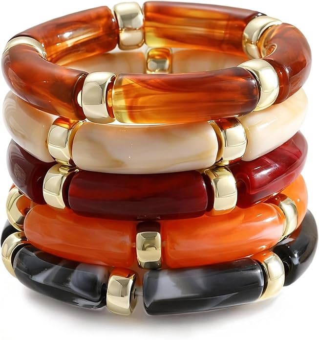 iF YOU 6pcs Chunky Acrylic Bangle Bracelets for Women, Resin Bamboo Brown Stretchy Bracelet Stack, Fashion Jewelry for Women