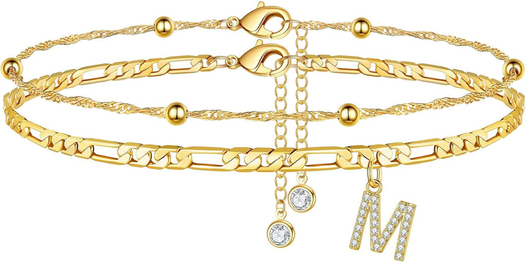 Ursteel Ankle Bracelets for Women, 14K Gold Plated Dainty Layered Chain CZ Initial Anklets Summer Jewelry Gifts for Women