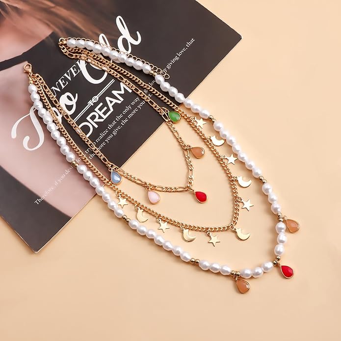 Layered Beaded Paperclip Chain Faux Pearl Star Moon Charm Colorful Boho Necklace for Women Alloy Crystal Long Draped Pendant Two Styles Gold Tone