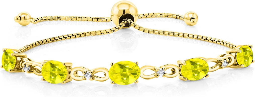 Gem Stone King 7X5MM Oval Cut Gemstone Birthstone and Accent Lab Grown Diamond Tennis Bracelet For Women In 18K Yellow Gold Plated Silver | Adjustable Bolo Bracelet For Women | Easy-On Easy-Off