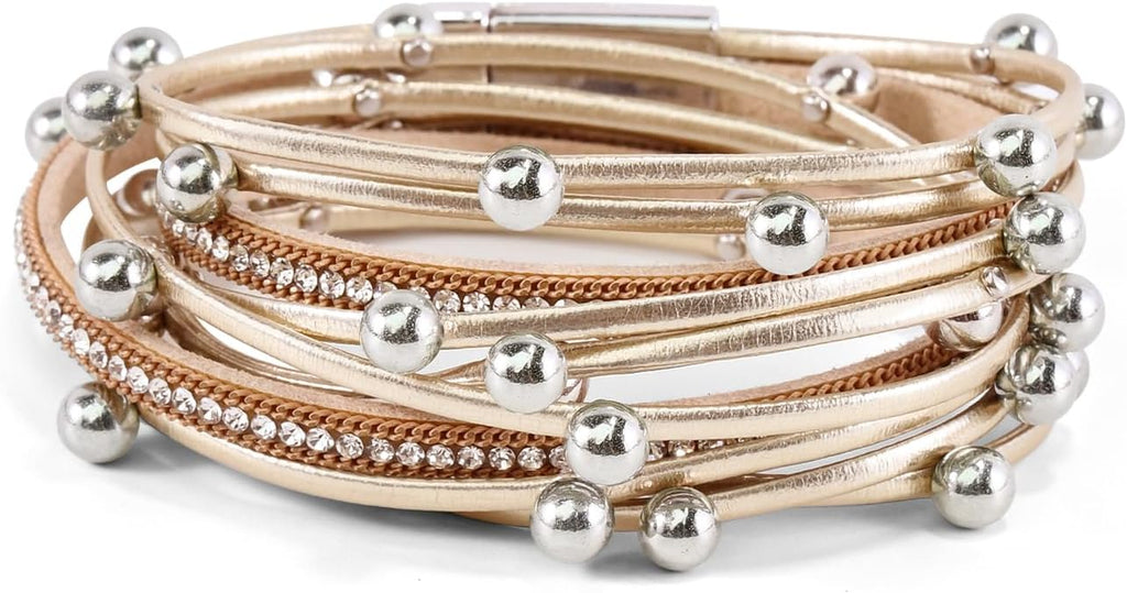 Wrapped Bracelets for Women,Leather Bracelet,Boho Bracelets for Women,Multi-Layer Pearl Crystal Bracelet Bangle Jewelry