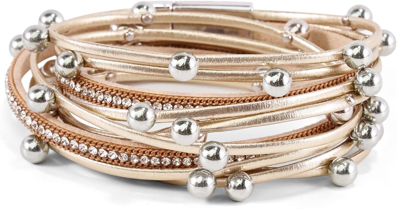 Wrapped Bracelets for Women,Leather Bracelet,Boho Bracelets for Women,Multi-Layer Pearl Crystal Bracelet Bangle Jewelry
