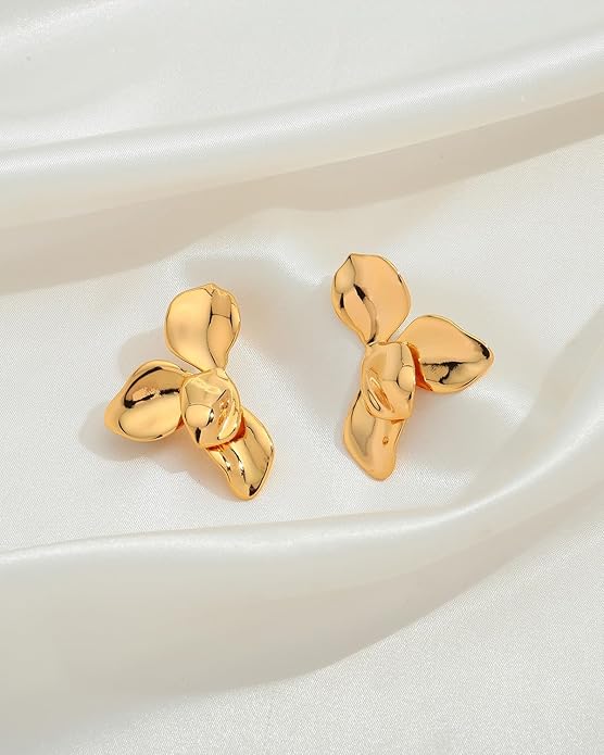 Chunky Gold Statement Earrings For Women Gold Plated Sectored Flower Leaf Shell Angel Wing Earrings Trendy Boho Jewelry For Women Large Stud Earrings Hypoallergenic Earrings