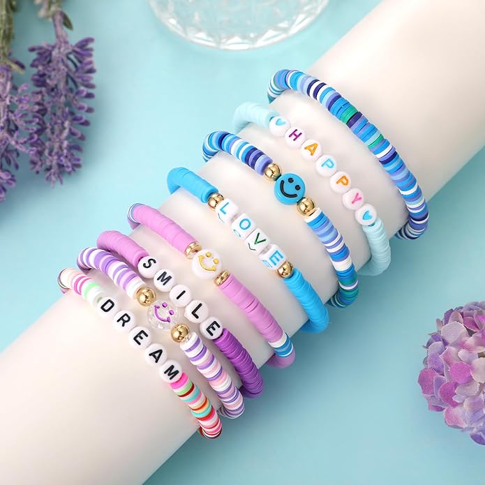 Preppy Bracelets Set Colorful White Gold Smile Heart Star Polymer Beaded Pearl Clay Stackable Charm Y2K Kidcore Aesthetic Summer Beach Bohemian Stretch Layering Bracelets Jewelry for Girls Women Teens