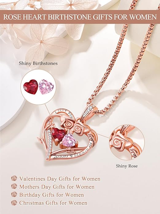 Rose Heart Necklaces for Women, Rose Gold Forever Love Jewelry with 2 Birthstones Pendant,Valentines Anniversarry Birthday Gifts for Her Wife Mom Grandma Daughter, 18+2 Inch Chain