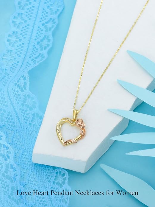 14K Solid Gold Rose Flower/Sunflower Necklaces for Women Flower Heart Pendant Necklace Love Sunshine Jewelry Anniversary Valentine's Day Birthday GiftS for Women Wife Girlfriend Her Mom