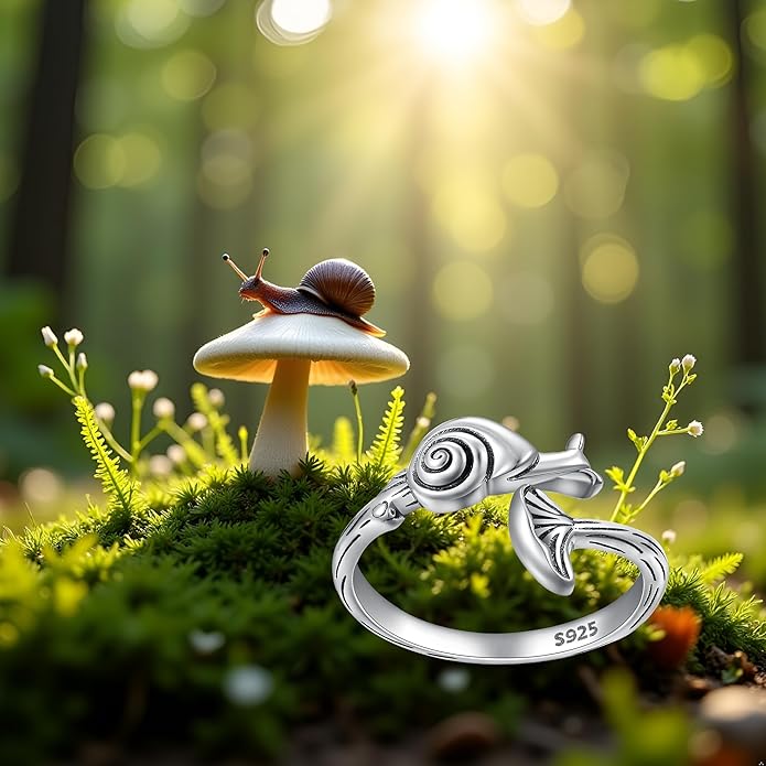 Mushroom Rings for Women Snail Sterling Silver Adjustable Open Ring Nature Inspired Adjustable Mushroom Jewelry Woodland Jewelry Gift for Women