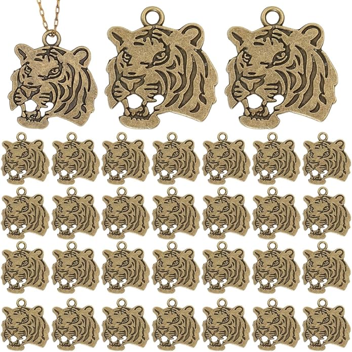 30pcs Tiger Head Charm Animal Tiger Pendants Alloy Tigers Charm Beads Dangle Charms for Jewelry Making Necklace Bracelet Keychain Earring DIY Craft Accessories