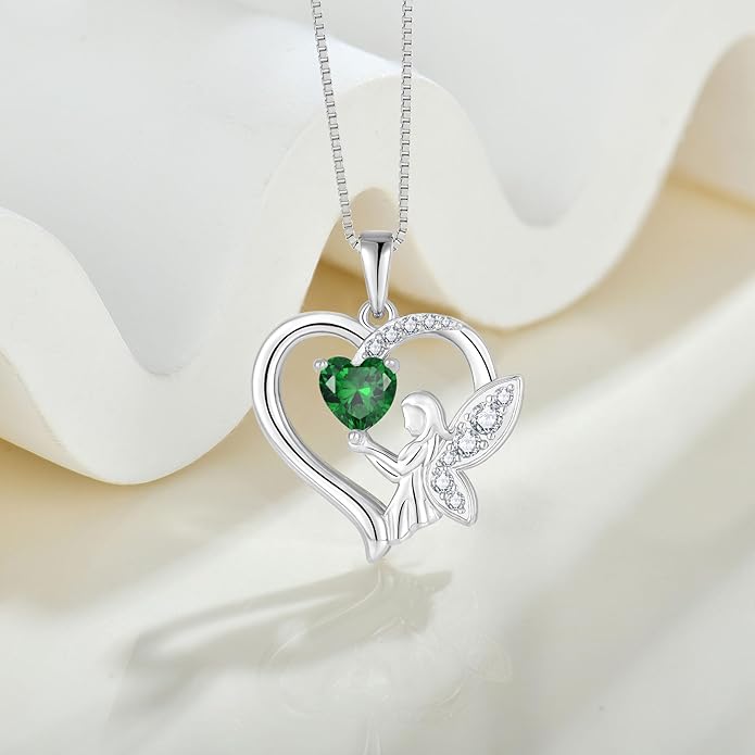 Guardian Angel Necklace 925 Sterling Silver Heart Angel Wings Pendant Birthstone Jewelry for Women