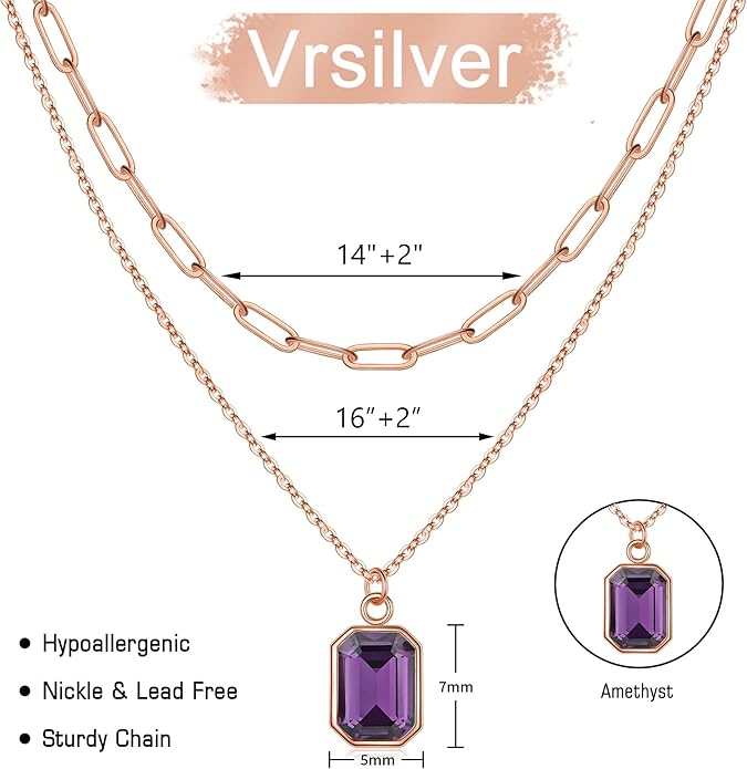 Layered Birthstone Necklace for Women Girls, 14K Gold-Plated Paperclip Chain Choker Necklace with Rectangle Birthstone Pendant Birthday Gifts for Women Girls Dainty Small