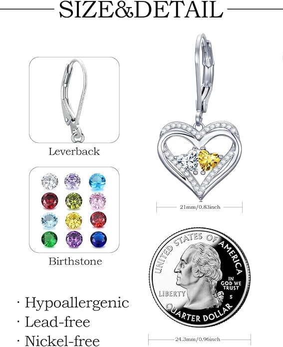 Valentines Day Gifts for Women, Heart Leverback Earrings Double Birthstone Dangle Earrings for Women, Love Jewelry for Her, Anniversary Birthday Gift for Mom Wife Girlfriend