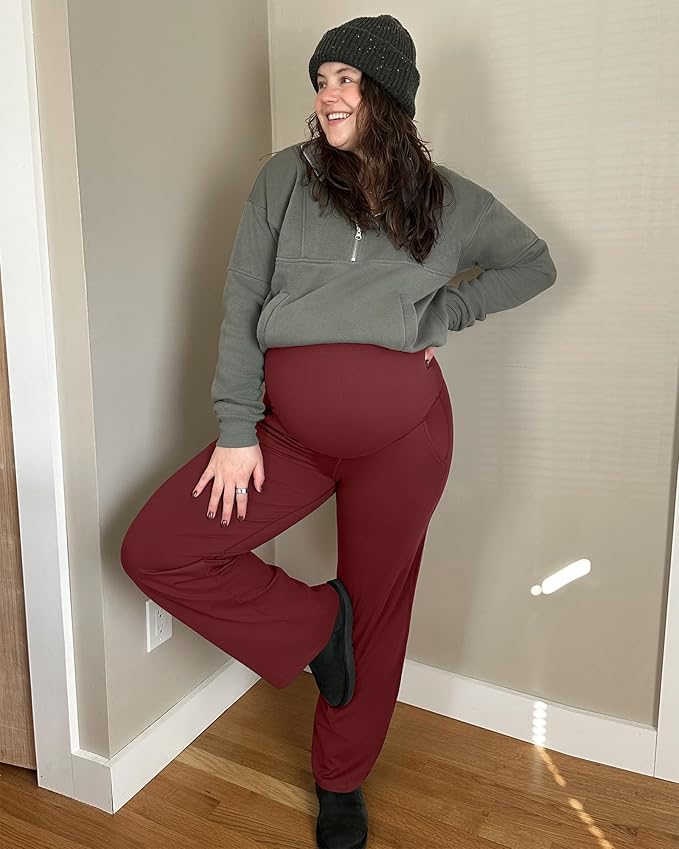 G4Free Maternity Pants Over The Belly Yoga Dress Work Pregnancy Pants Stretchy Lounge Wide Leg Trousers with Pockets